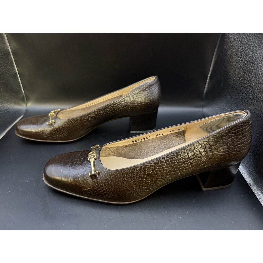 Salvatore Ferragamo Boutique Brown Croc Embossed‎ Leather Pumps 7.5B Italy - Picture 3 of 8